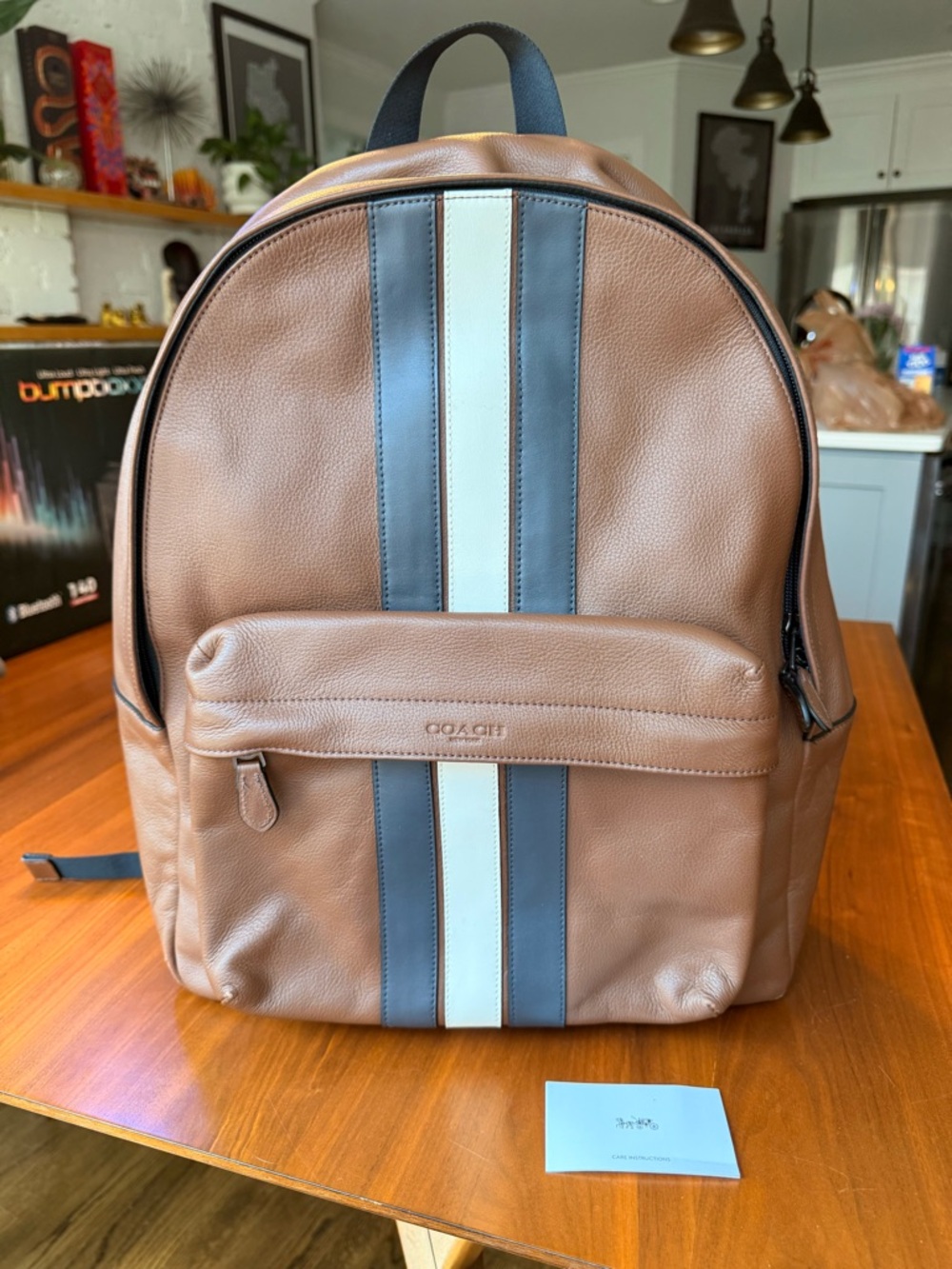 Coach Brown Leather Backpack with Black and Cream Center Stripes